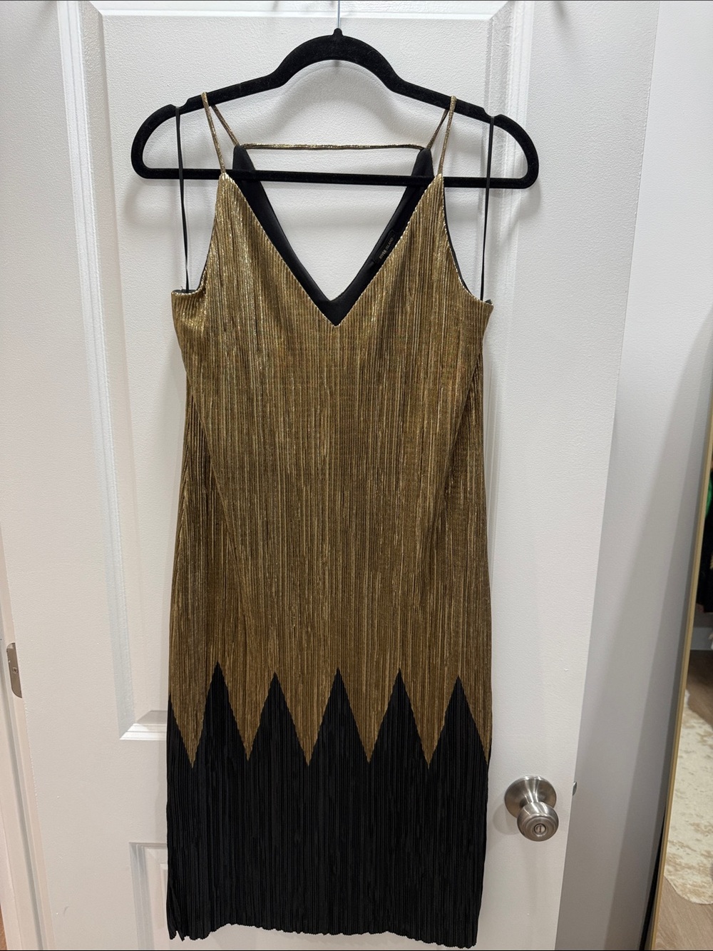 River Island Gold and Black V-Neck Fringe Midi Dress